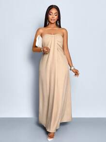 SOLERSUN 女士度假海滩派对优雅亚麻抹胸连衣裙，带扭曲褶饰镂空细节