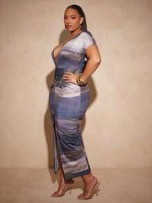 Vixey Vestido de escote en pico con cintura ceñida y abertura frontal, estampado de ónix y mármol en tejido jersey