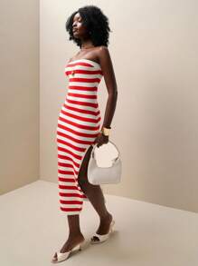 Zolique Women's Simple & Stylish Red & White Striped Strapless Side Slit Hem Knitted Dress - Red and White - View 6