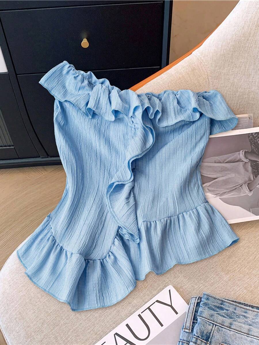 SHEIN LUNE 夏季优雅纯色荷叶边抹胸上衣,浅蓝色荷叶边上衣,度假风 - 藍色 - 查看 1
