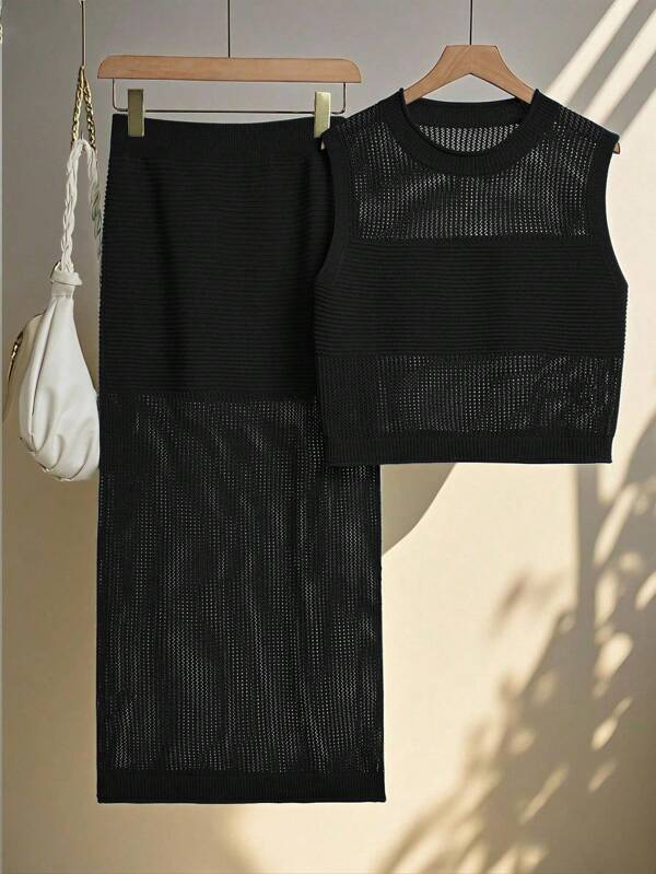 Franclia 2pcs Women Summer Vacation Casual Hollow Out Knitting Round Neck Vest & Skirt Sweater Set