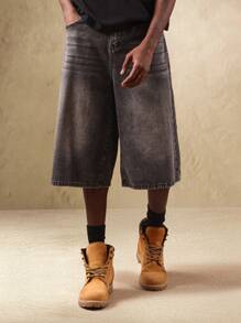 SUMWON 阔腿牛仔七分短裤 中腰宽松版型 日系都市街头风 水洗复古休闲七分短裤 夏季节日纯色 - 黑色 - 查看 4