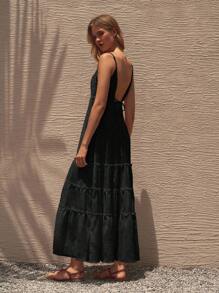 Lumivelle 2025春季新款女士度假风荷叶边中长吊带连衣裙，新款时尚性感V领中长吊带连衣裙，白色，法式白色吊带长裙，露背设计，度假/沙滩连衣裙，夏季新款黑色吊带连衣裙，黑色夏季连衣裙，黑色度假连衣裙，夏季大学服装 - 黑色 - 查看 2