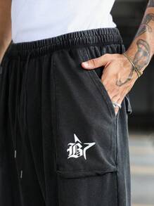 Manfinity EMRG 男士五角星印花抽绳腰袋宽松休闲运动裤 - 黑色 - 查看 4