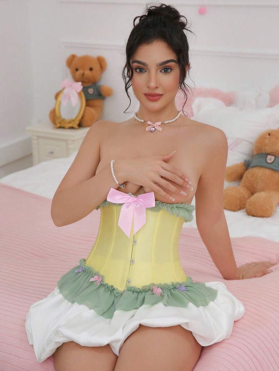 PetitDoll Corset corset eo thon gọn có dây rút xếp nếp thắt nơ chéo cho nữ, thanh lịch lãng mạn - Nhiều màu - Xem 1