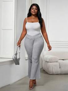 SHEIN PETITE CURVE Plus Petite 女士高腰交叉设计喇叭紧身裤 - 灰色 - 查看 6