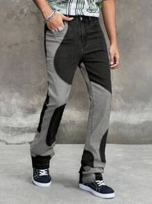 ROMWE MEN Street Life Quần jeans nam tuổi teen có túi và cúc, phối màu tương phản, kiểu dáng thường ngày. - màu đen - Xem 10