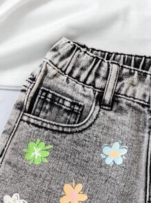 Pantalones cortos vaqueros de verano para niñas pequeñas con estampado floral colorido, cintura elástica suelta y dobladillo con volantes, en negro y gris