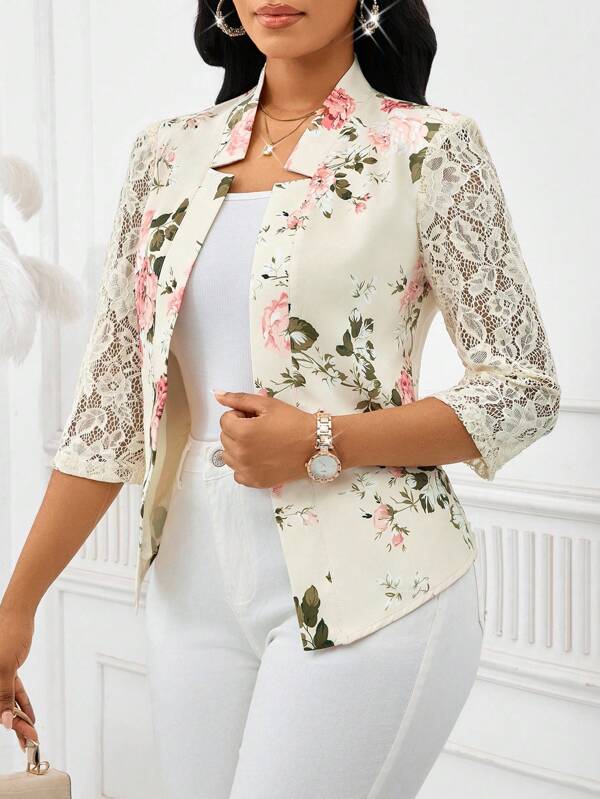 SHEIN Lady WomElegant Commuting Vacation For Women Lace Splicing Lace Sleeves Waist-Closing Stand Collar Thin Suit Jacket Wearing All Seasons   Blazers