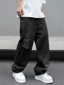 Manfinity EMRG 大码男士都市街头休闲宽松黑色破洞牛仔裤男士宽松直筒休闲裤