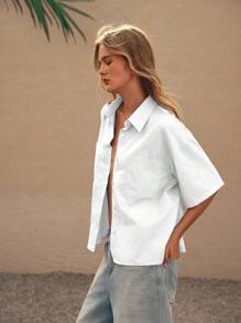 Lumivelle Fashion Blue Short Sleeve Simple Pocket Lapel Collar Women Casual Shirt - White - View 8