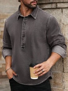 Manfinity Homme Men's Long Sleeve Button Half-Placket Casual Denim Jacket - Grey - View 5