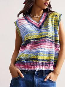 Bohemela 波西米亚风女式彩色条纹 V 领休闲宽松毛衣背心，复古乡村风格度假夏/秋季 - 彩色 - 查看 4