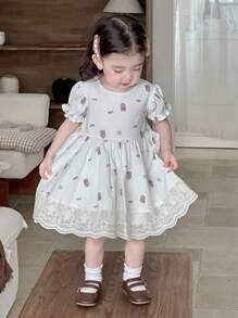 Dazy Kids Robe d'été style coréen à manches bouffantes et imprimé ours de dessin animé pour tout-petites filles