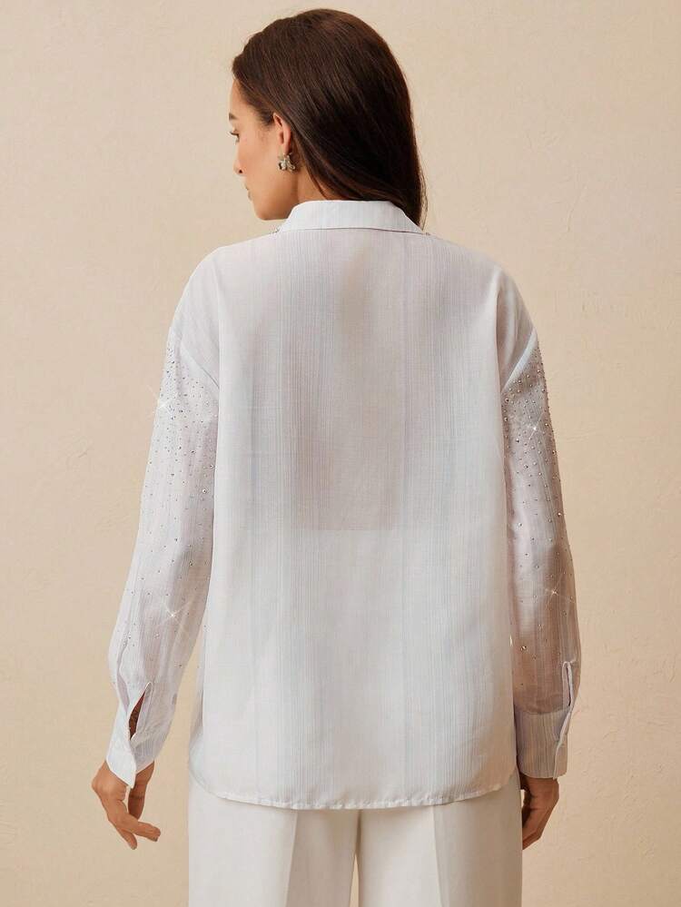 Elegant Rhinestone & Pearl Decorated Long Sleeve Shirt, With Unique Design Stripes Print