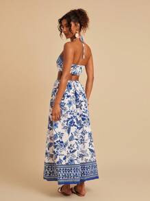 SHEIN VCAY 印花後背繫帶高衩掛脖連衣裙