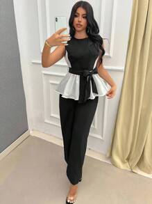 Chiquease 女士两件套，荷叶边下摆圆领无袖上衣和裤子，时尚撞色