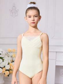 SHEIN Tween Girls Yellow Pearl Decor Camisole Leotard, Elegant Ballet/Contemporary Dance Unitard, Suitable For All Seasons - Apricot - View 4