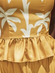 Maija 2025秋季黄色花卉印花荷叶边吊带露脐上衣，露肩度假上衣，夏威夷风情，波西米亚风节日装扮 - 黃色 - 查看 6