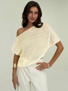 Aloruh 不对称肩部上衣，适合婚礼宾客、新娘、新娘母亲、婚礼派对、正式场合、特殊场合、海滩度假、街头风等场合。亮片不对称肩部上衣，优雅、时尚、端庄，及地长款。 - 杏色 - 查看 7