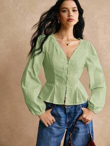 Poéselle Áo sơ mi ren thanh lịch bằng cotton có nút thắt eo, áo sơ mi dài tay, áo sơ mi eo, áo ren, áo sơ mi ren, áo sơ mi cotton, chi tiết eo thanh lịch, cho buổi đi làm hàng ngày, thiết yếu, FW24, trang phục nữ mùa thu - Màu xanh Bạc hà - Xem 7