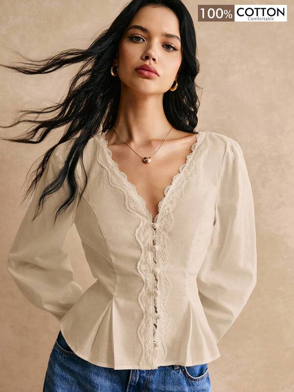 Poéselle Cotton Elegant Lace Trimmed Waist Button Detail Shirt, Long Sleeve Shirt, Waist Shirt, Lace Top, Lace Shirt, Cotton Shirt, Elegant Waist Detail, For Everyday Work Outing Effortless Chic Essential, FW24, Fall Womenswear