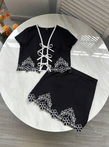 TrendSteals 女士日常两件套服装，女士夏季服装，女士服装，夏季服装，女士夏季衬衫，女士两件套服装，休闲装，女士度假服装，两件套夏季套装，度假服装，波西米亚风格服装 - 黑與白 - 查看 4