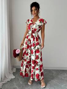 Elenzga 夏季新款优雅V领盖袖系带腰连衣裙