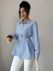 Modelyn Camisa casual de mujer de manga larga con hombros caídos, de un solo pecho y a la cintura, con rayas