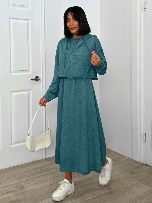 RueChic Damen unifarbener Langarm Reißverschluss Kapuzenpullover und ärmelloses Lässig Kleid 2-teiliges Set