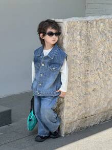 Dazy Kids Kids Autumn Outfit - 3pcs Set: Loose Denim Jacket, Denim Vest And Straight Leg Denim Pants For Toddler Boys - Medium Wash - View 8