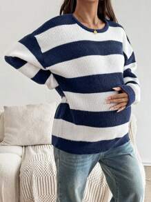 SHEIN Autumn And Winter Women's Maternity Casual Striped Knit Sweater, Minimalist And Fashionable For Daily Wear - Blue and White - View 4