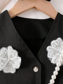 2pcs Young Girl Casual Black 3D Flower Decor Vest + Pleated Skirt Set, Summer - Black - View 3