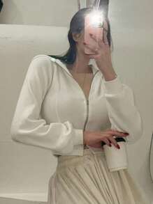 DAZY 街头休闲连帽卫衣，宽松收腰短款长袖上衣女装外套，秋季女装女式外套 - 白色 - 查看 6