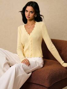 Poéselle Áo len cardigan dệt kim tay dài một hàng khuy cổ chữ V màu trơn dành cho nữ - Màu vàng - Xem 3