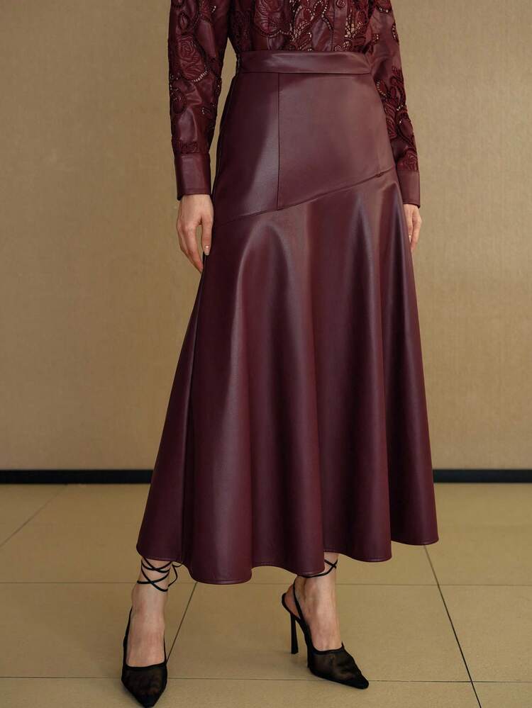 PU LEATHER SOLID ZIPPER SIDE FLOWY SKIRT