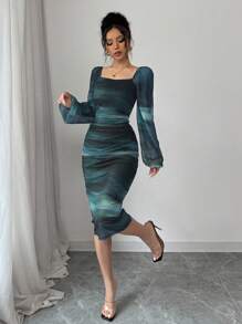 Rafferiza Women's Leopard Print Long Sleeve Mesh Long Dress, Casual Commuter, Graduation Outfit Fall Cloth For Women