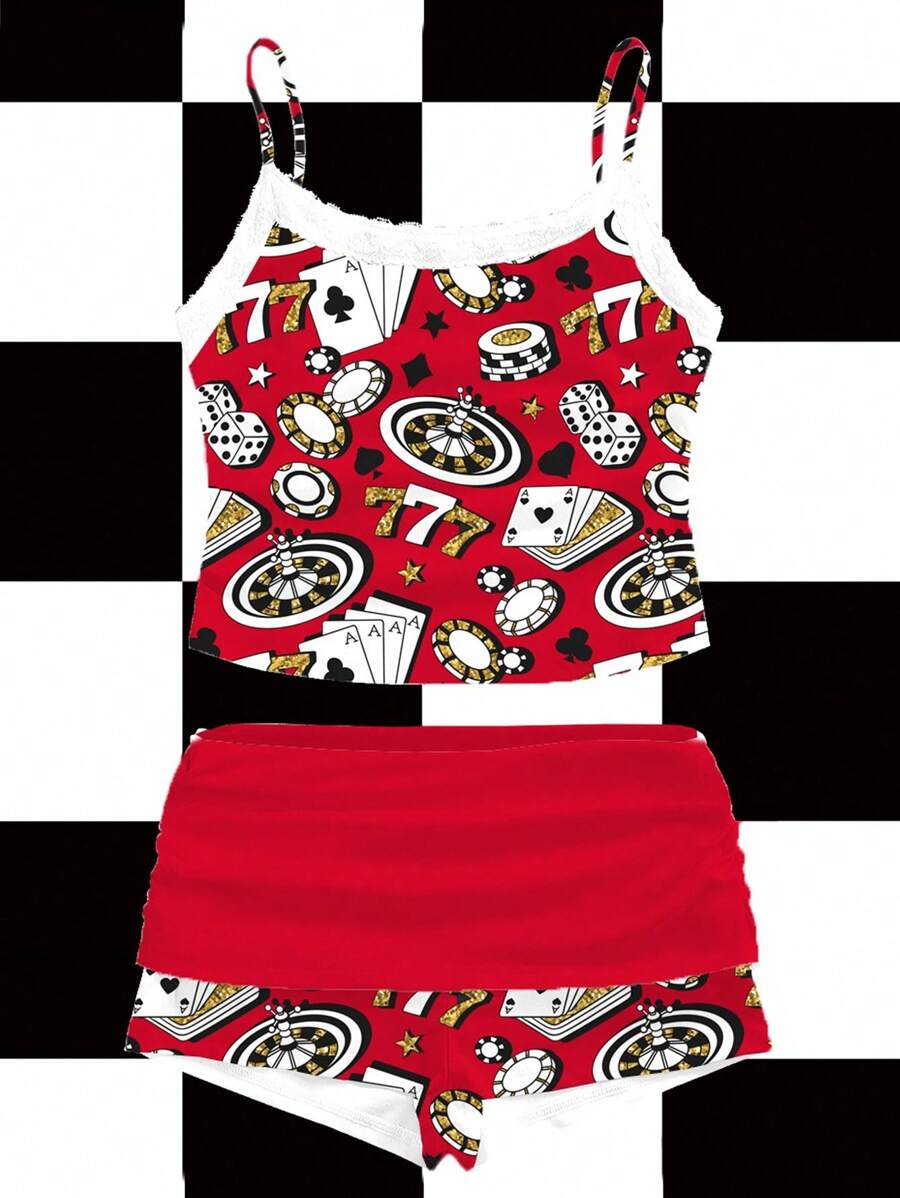 Shutterstock Y2Kool 2pcs Women Summer Digital Print Camisole Top And Ruffle Shorts Casual Set - Red - View 1