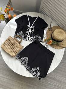 TrendSteals 女士日常两件套服装，女士夏季服装，女士服装，夏季服装，女士夏季衬衫，女士两件套服装，休闲装，女士度假服装，两件套夏季套装，度假服装，波西米亚风格服装 - 黑與白 - 查看 1