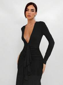 Aloruh Ladies Deep V-Neck Ruched Waist Ruffle Hem Elegant Fitted Long Dress