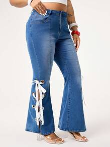 ROMWE 大码深蓝色侧孔眼抽绳蝴蝶结松紧腰紧身牛仔裤 - 藍色 - 查看 6