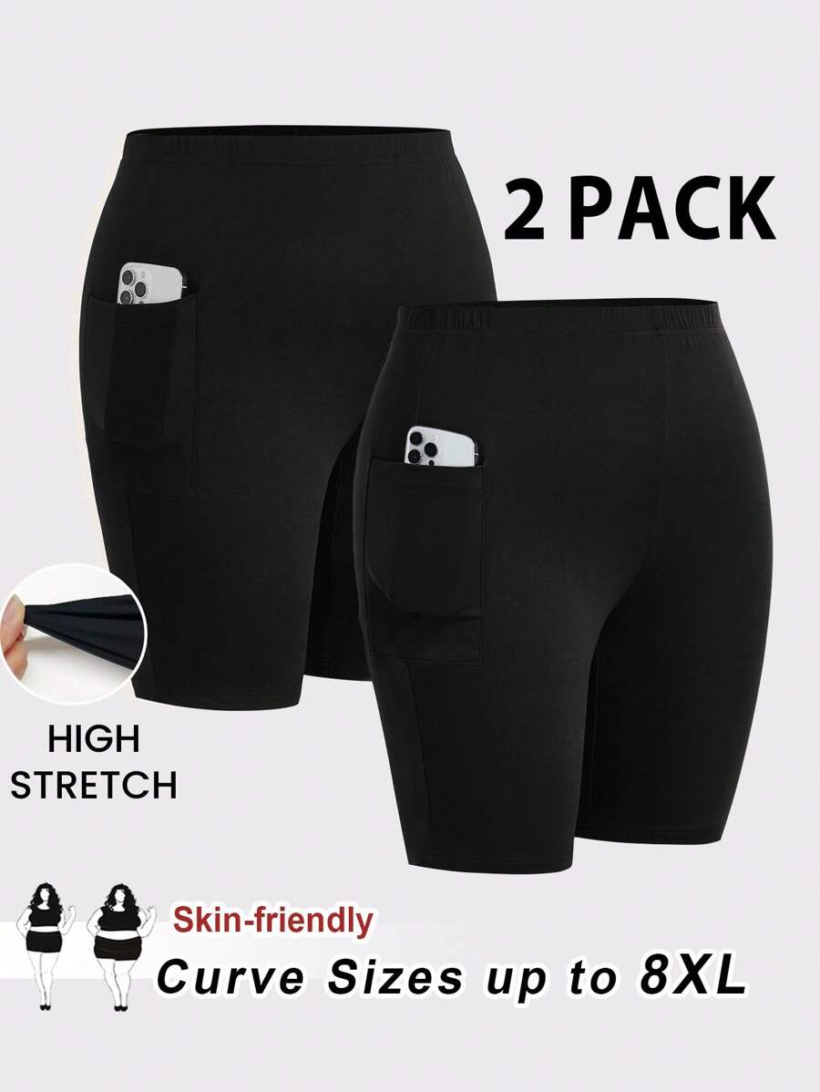 SHEIN CURVE+ 加大码曲线/校园服/返校服/返校2件装加大码女士休闲运动口袋骑行短裤，弹力腰紧身裤，休闲短裤，曲线短裤，打底短裤，骑行短裤，夏季加大码骑行短裤，女士短款打底裤，弹力骑行短裤，女士短裤2条装