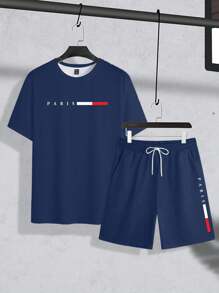 Manfinity Homme Set da uomo taglie forti composto da T-shirt a maniche corte con stampa a lettera e pantaloncini con coulisse e tasche, set da 2 pezzi