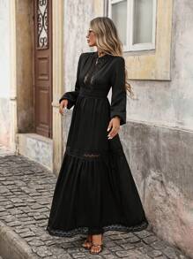 Brillora Ladies' Solid Color Simple Daily Long Sleeve Dress - Black - View 7