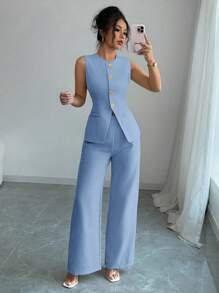 Elenzga 2-Pcs Plus Size Solid Color Front Button Sleeveless Top And Long Pants Set - Blue - View 5