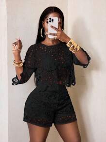 BamGleam Sexy Cut Out Lace See-Through Flare Sleeve Four Seasons Knit Women's Blouse, Haute Women Tops, Fitted Elegant Crew Neck Tops