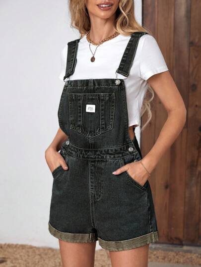 EMERY ROSE 女士字母印花口袋休闲宽松牛仔背带短裤