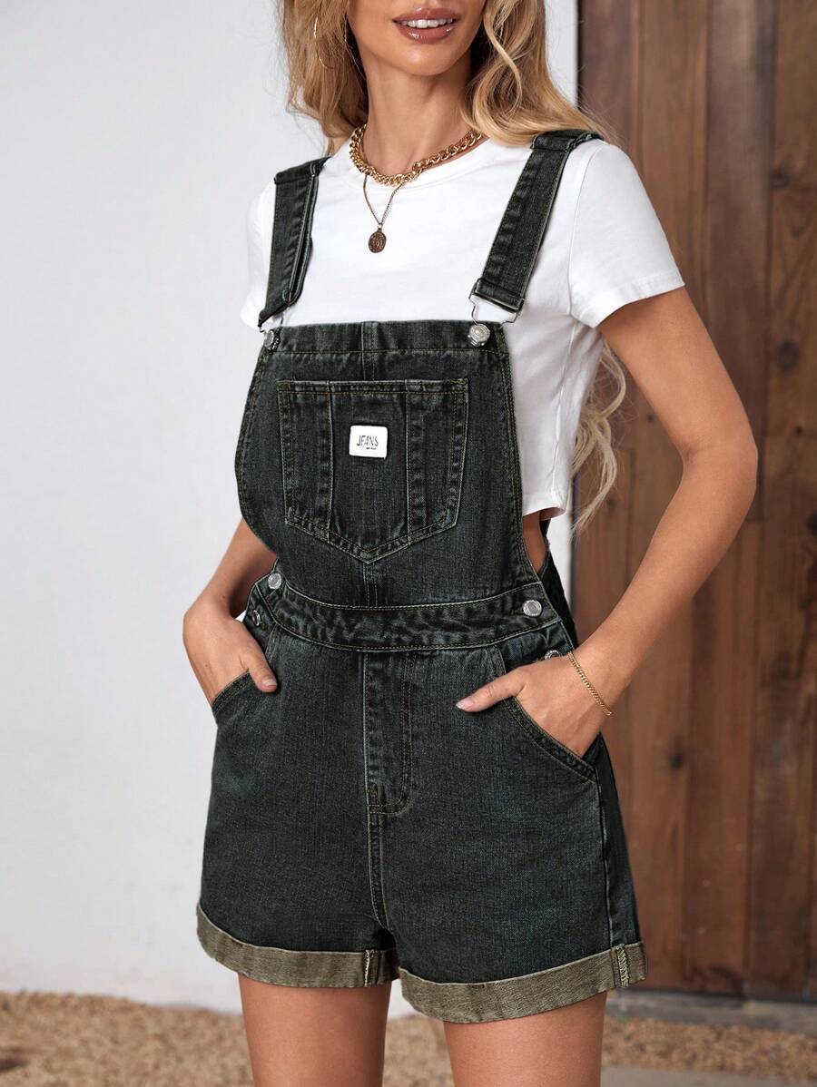 EMERY ROSE Women's Letter Printed Pocket Casual Loose Denim Bib Overall Shorts - Dark Wash - View 1