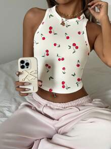 SHEIN EZwear Top aderente a girocollo con stampa di ciliegie, stile casual minimalista, adatto per l estate, per donne
