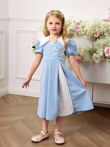 SHEIN Abito attillato da ragazza con colletto Peter Pan a colori contrastanti, lavorato a maglia - Blu - Visualizzare 3